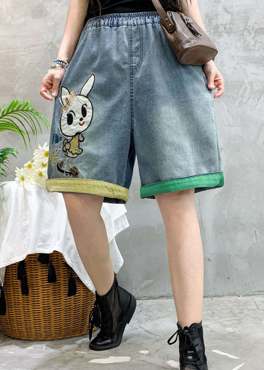 Modern Blue Embroideried Denim Summer Shorts