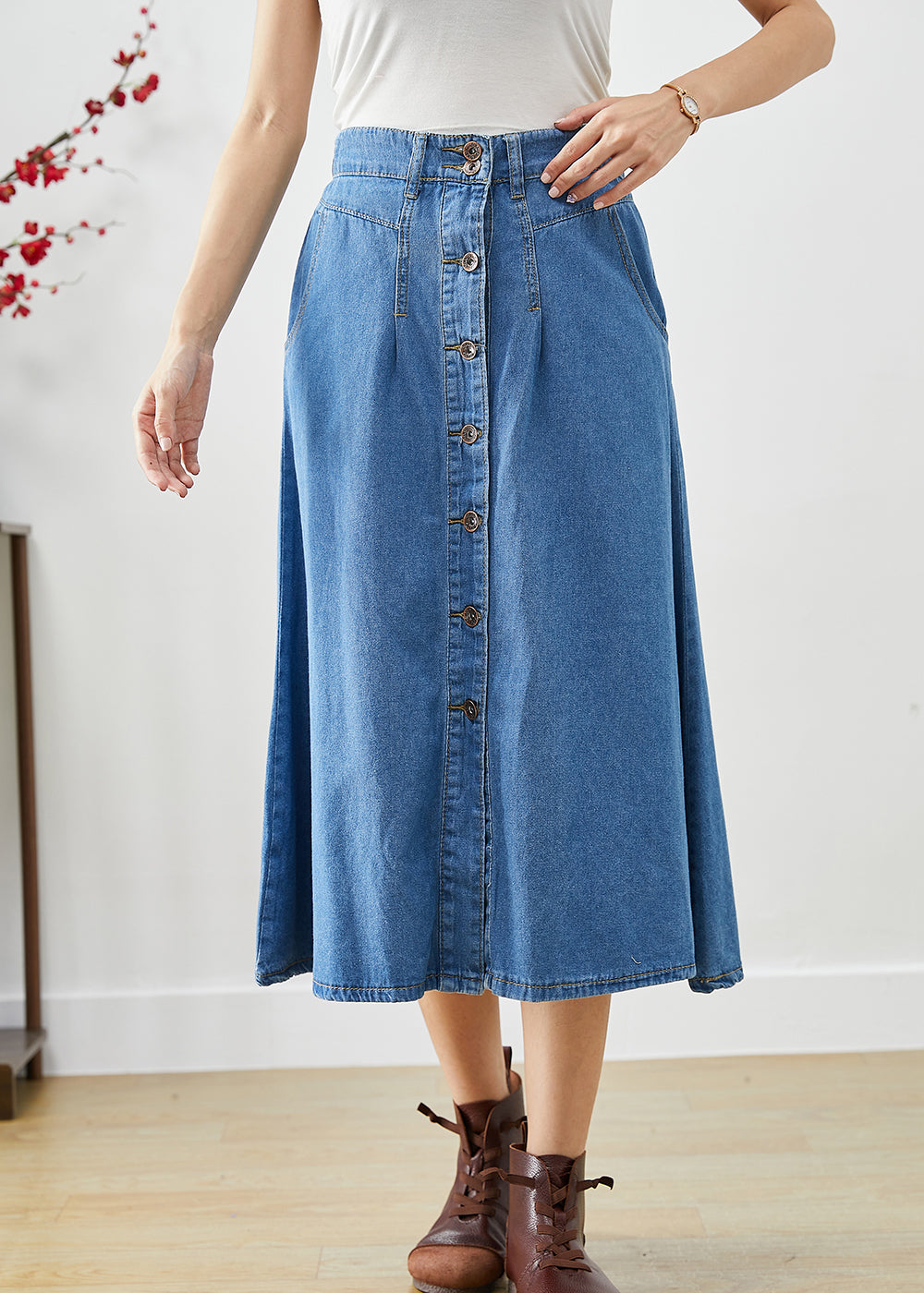 Modern Blue High Waist Button Down Denim a Line Skirts Fall
