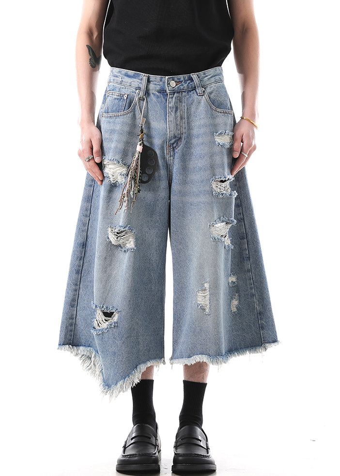 Modern Blue Hole High Waist Denim Crop Pants Summer