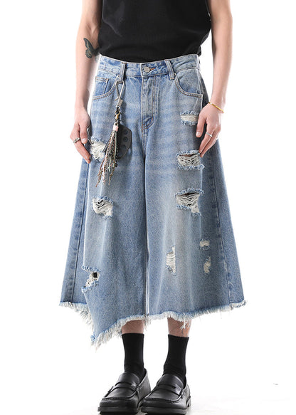 Modern Blue Hole High Waist Denim Crop Pants Summer