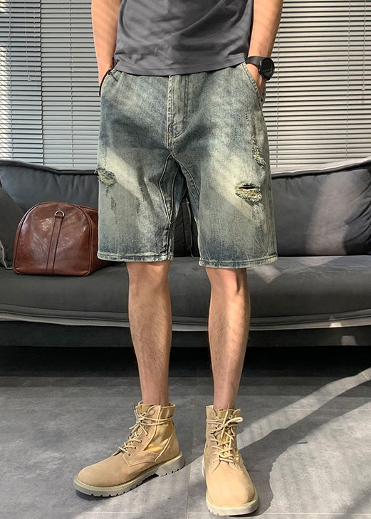 Modern Blue Hole Pockets Denim Shorts Summer