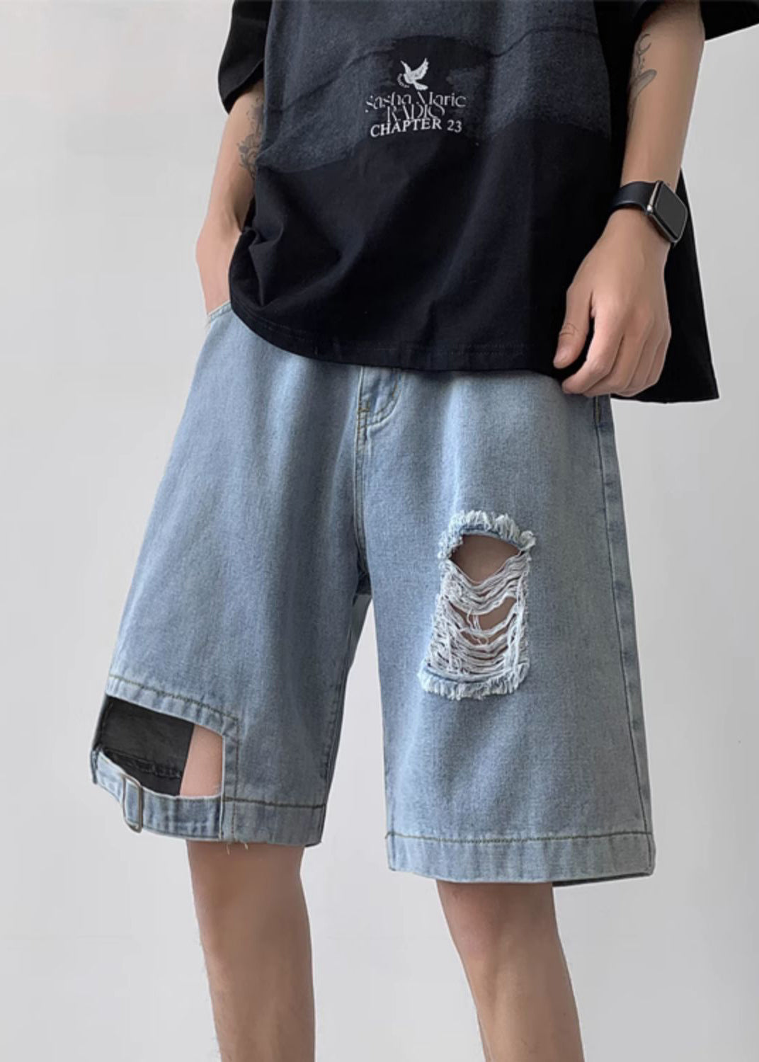 Modern Blue Hole Pockets High Waist Denim Shorts Summer