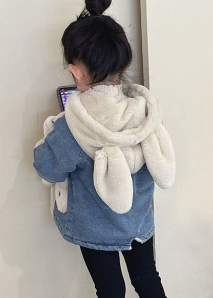 Modern Blue Hooded Zippered Patchwork Warm Fleece Coat Long Sleeve