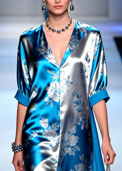 Modern Blue Jacquard Patchwork Draping Silk Maxi Dresses Summer