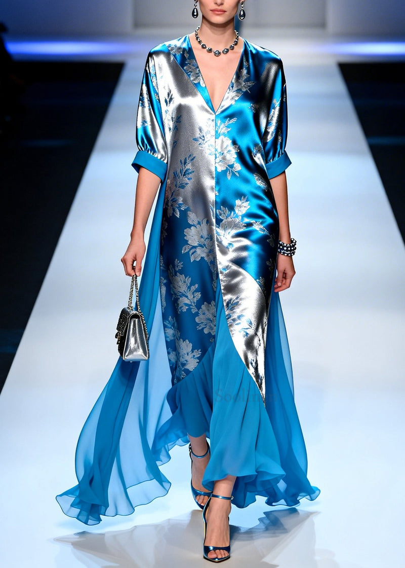 Modern Blue Jacquard Patchwork Draping Silk Maxi Dresses Summer