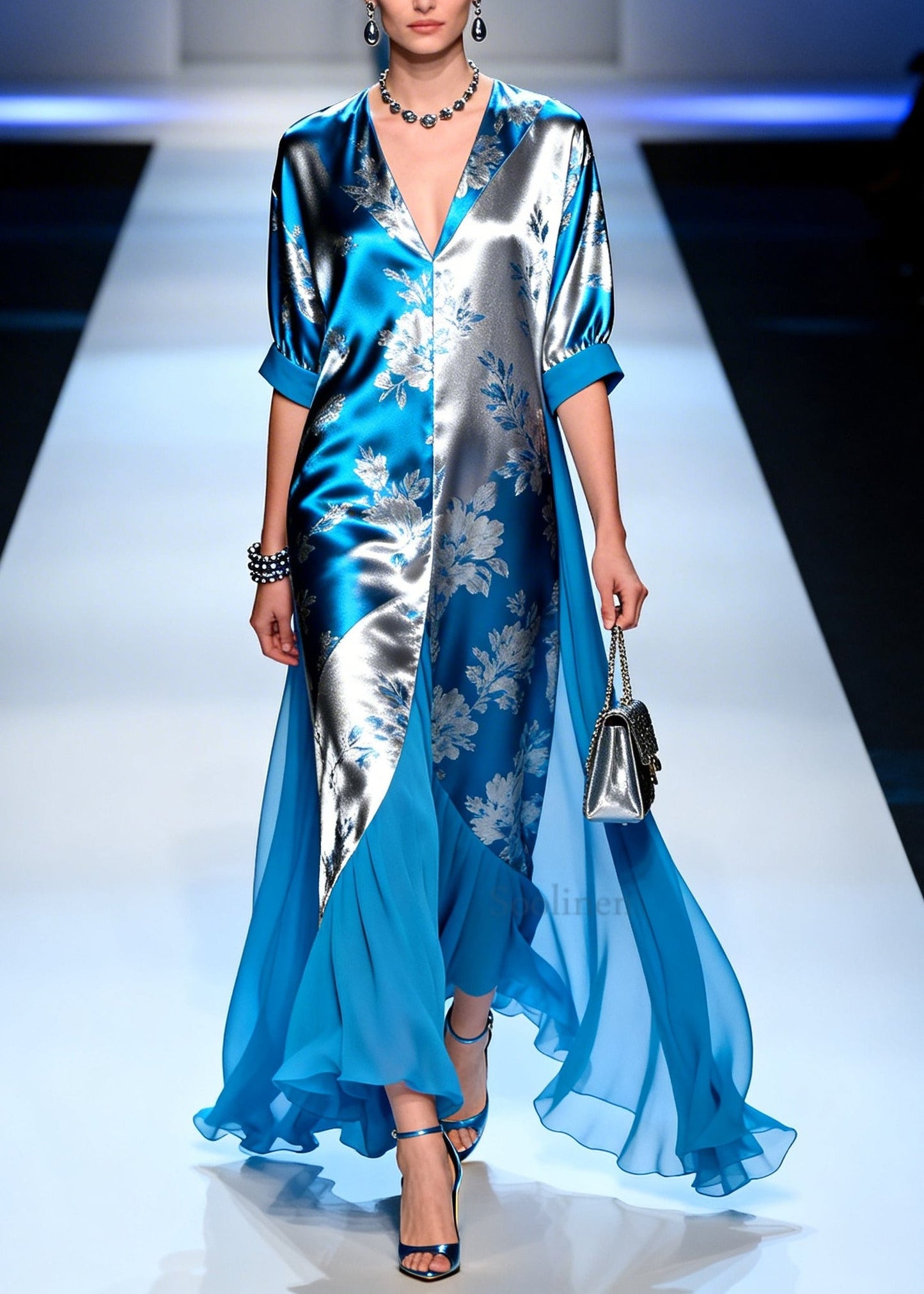 Modern Blue Jacquard Patchwork Draping Silk Maxi Dresses Summer