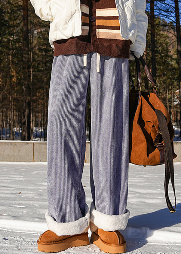 Modern Blue Lace Up Elastic Waist Warm Fleece Pants Winter