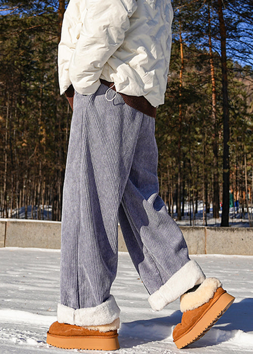 Modern Blue Lace Up Elastic Waist Warm Fleece Pants Winter