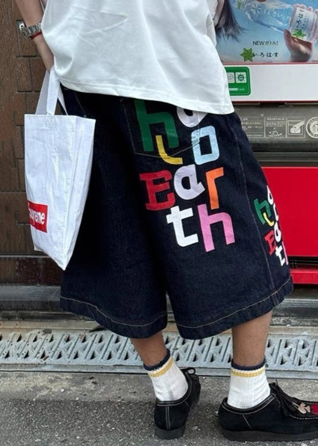 Modern Blue Letter High Waist Denim Crop Pants Summer