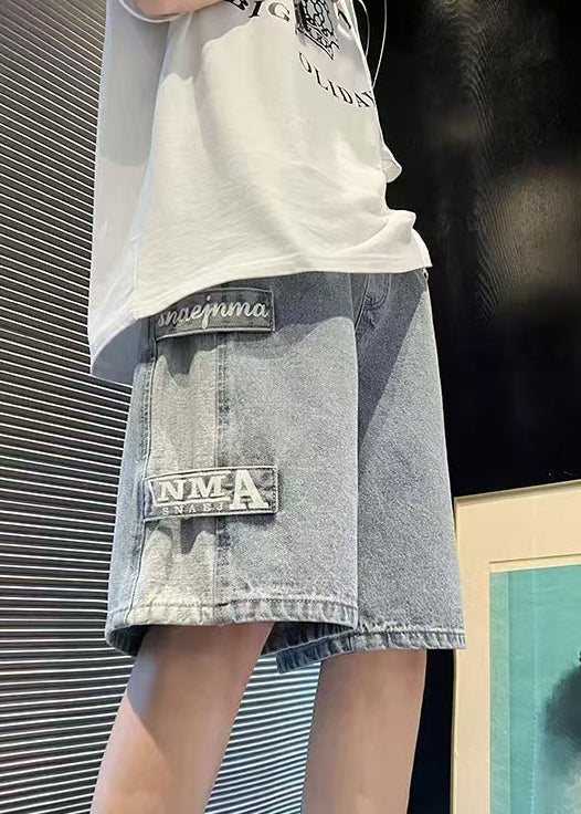 Modern Blue Letter Pockets Patchwork Denim Shorts Summer