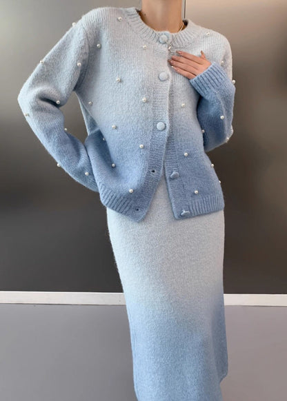 Modern Blue O-neck Nail Bead Cotton Knit Sweaters and Maxi Skirts Two Piece Set Spring