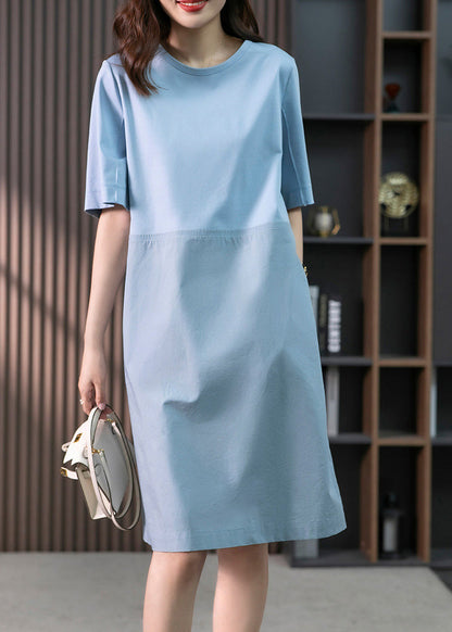 Modern Blue O-neck Patchwork Cotton Maxi Dresses Short Sleeve