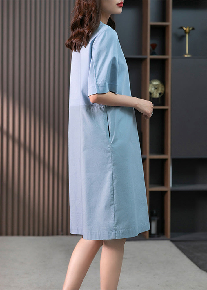 Modern Blue O-neck Patchwork Cotton Maxi Dresses Short Sleeve