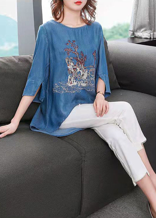 Modern Blue O-neck Side Open Low High Design Embroideried Top Half Sleeve