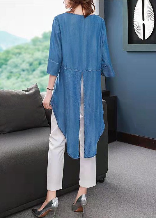 Modern Blue O-neck Side Open Low High Design Embroideried Top Half Sleeve