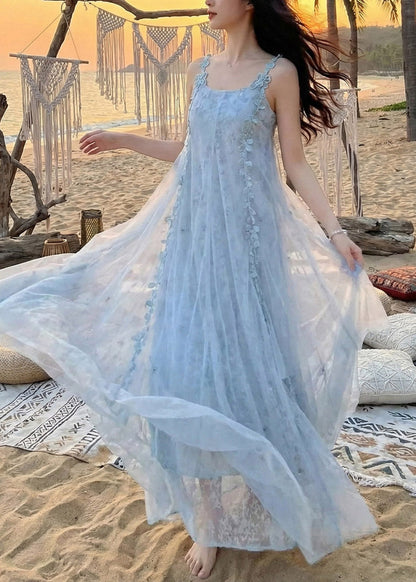 Modern Blue Patchwork Butterfly Holiday Tulle Long Dress Summer