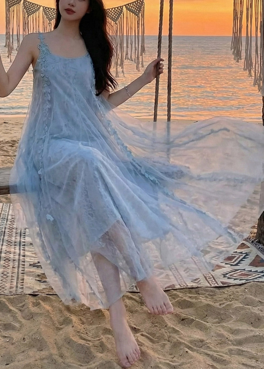 Modern Blue Patchwork Butterfly Holiday Tulle Long Dress Summer