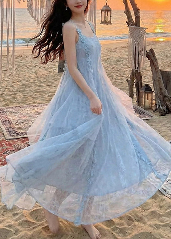Modern Blue Patchwork Butterfly Holiday Tulle Long Dress Summer