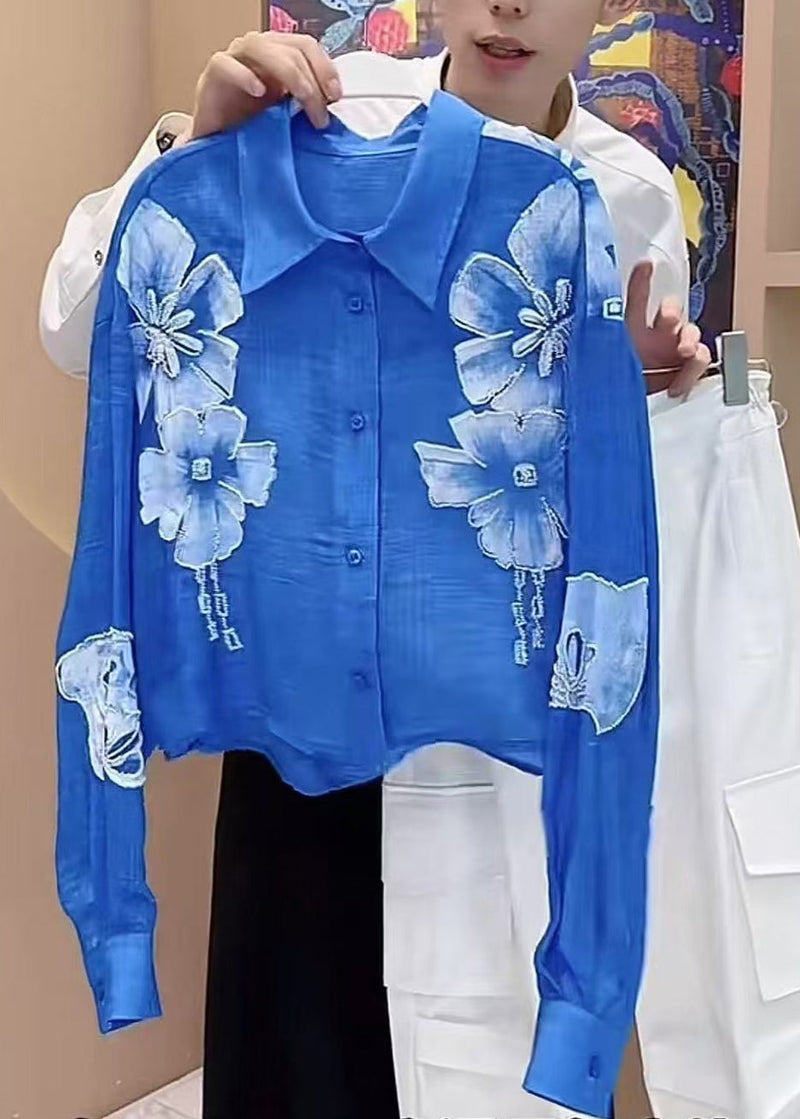 Modern Blue Peter Pan Collar Cotton Blouses Fall