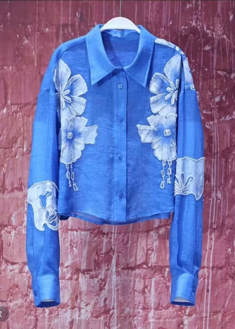Modern Blue Peter Pan Collar Cotton Blouses Fall
