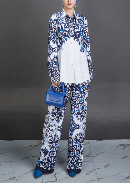 Modern Blue Peter Pan Collar Print Shirts and Straight Pants Two Piece Suit Set Fall