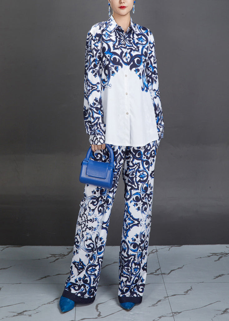 Modern Blue Peter Pan Collar Print Shirts and Straight Pants Two Piece Suit Set Fall