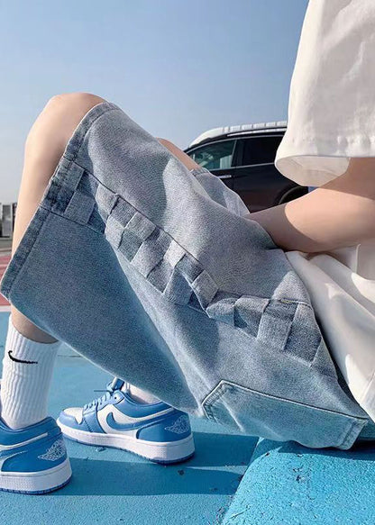 Modern Blue Plaid Pockets Denim Shorts Summer