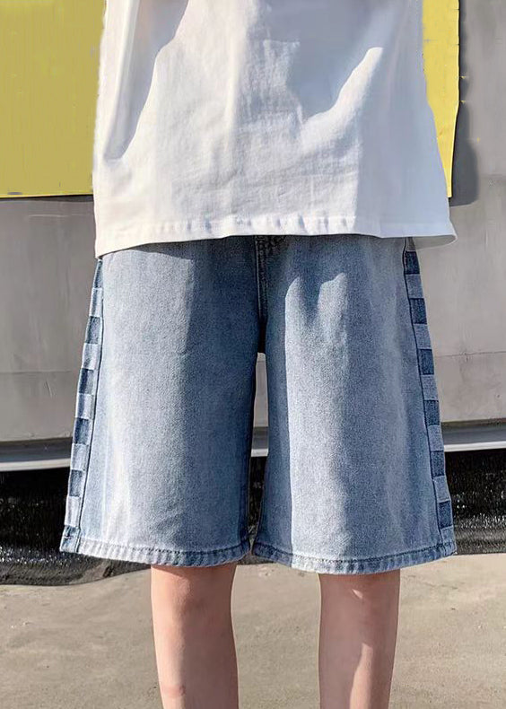 Modern Blue Plaid Pockets Denim Shorts Summer