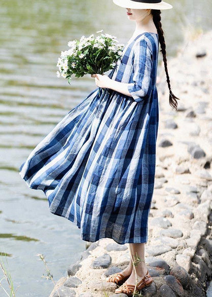 Modern Blue Plaid Asymmetrical Design Holiday Summer Linen Dress