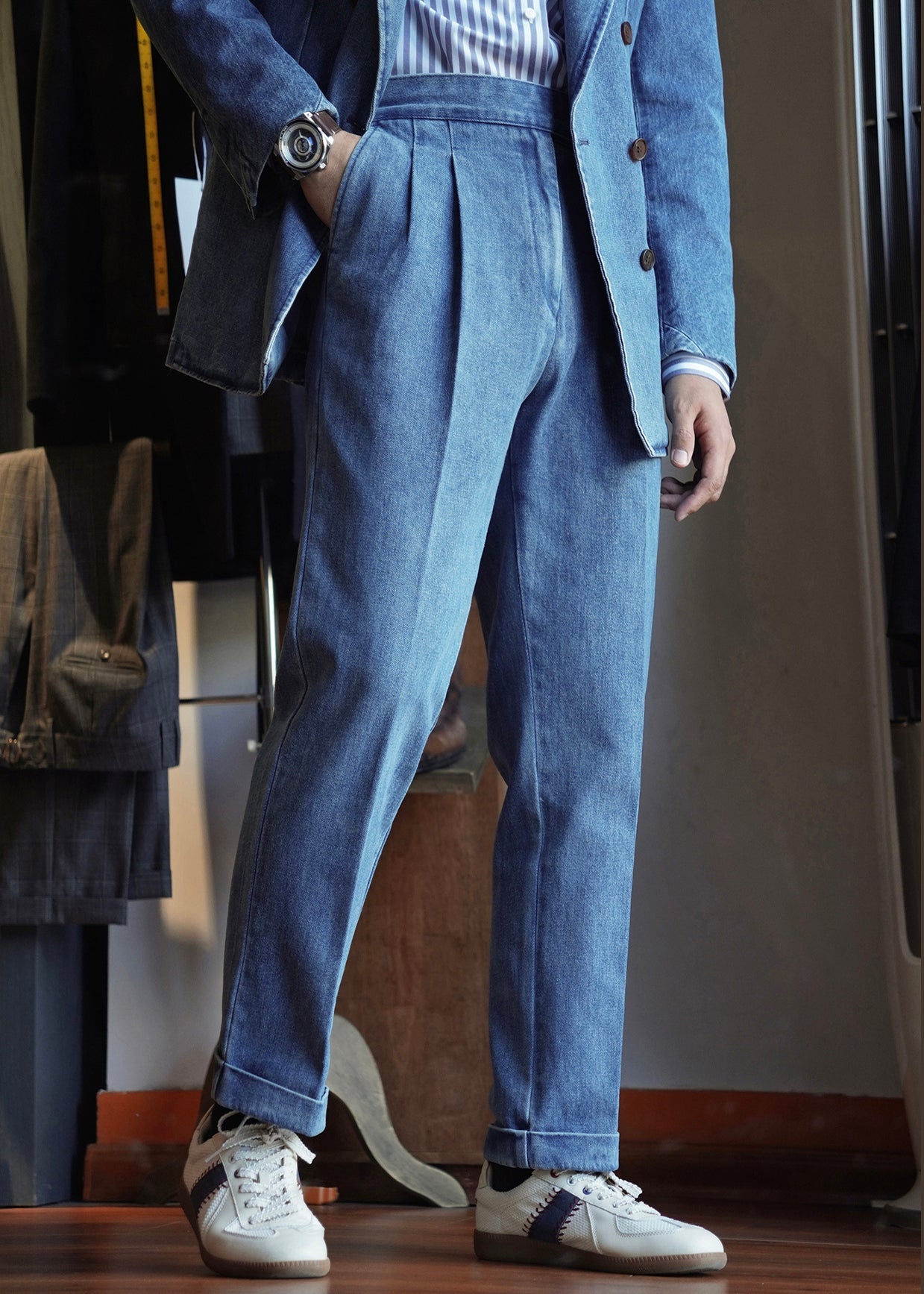 Modern Blue Pockets High Waist Denim Straight Pants Fall