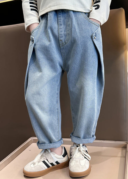 Modern Blue Pockets High Waist Pants Spring