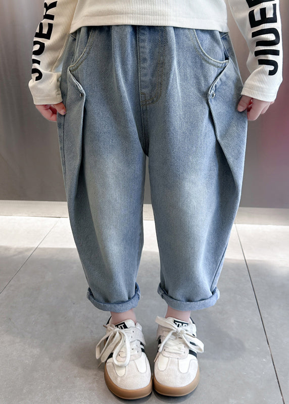 Modern Blue Pockets High Waist Pants Spring