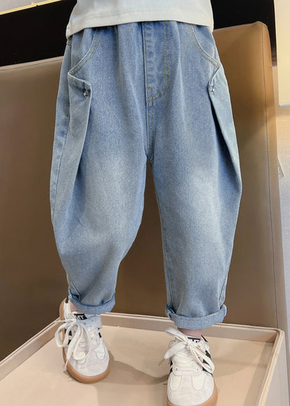 Modern Blue Pockets High Waist Pants Spring