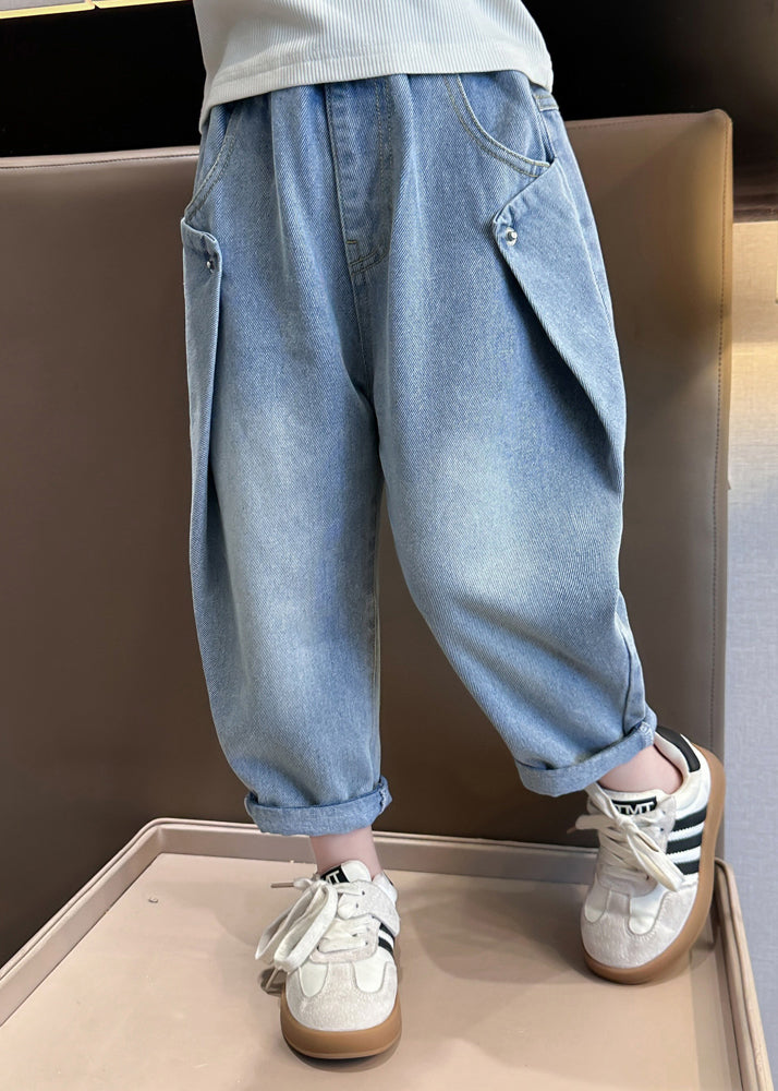 Modern Blue Pockets High Waist Pants Spring