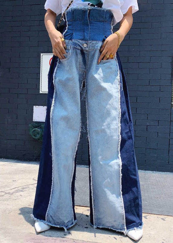 Modern Blue Pockets High Waist Patchwork Denim Pants Spring