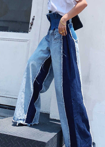 Modern Blue Pockets High Waist Patchwork Denim Pants Spring