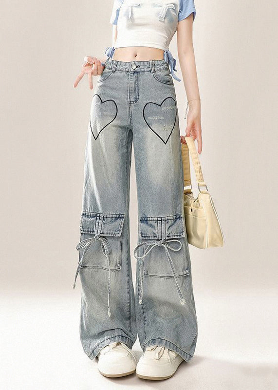 Modern Blue Pockets Lace Up High Waist Denim Pants Spring