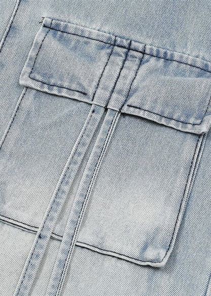Modern Blue Pockets Lace Up High Waist Denim Pants Spring