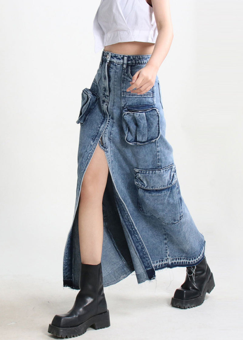 Modern Blue Pockets Side Open Denim Skirt Summer