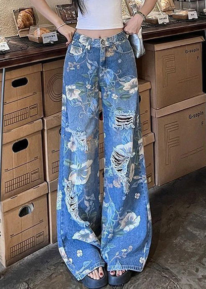 Modern Blue Print Hole High Waist Denim Wide Leg Pants Fall