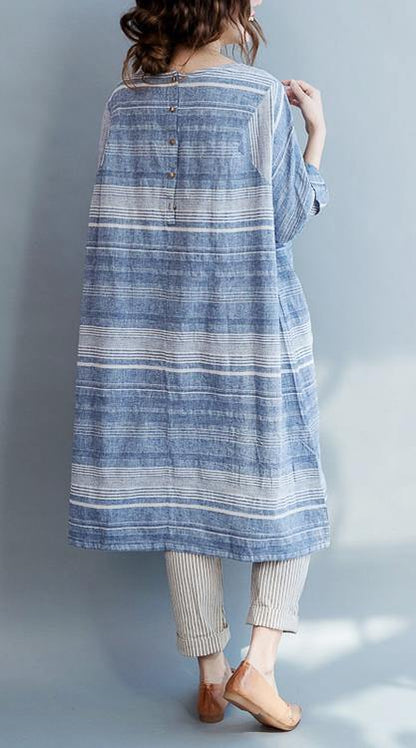 Modern Blue Striped Cotton Pockets Summer Maxi Dresses
