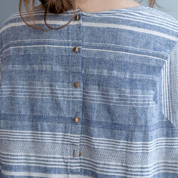 Modern Blue Striped Cotton Pockets Summer Maxi Dresses