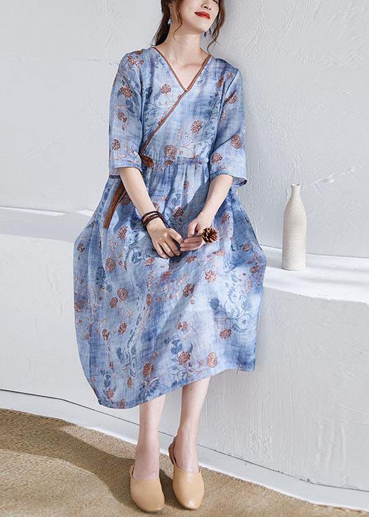 Modern Blue Tie Waist Patchwork Print Summer Ramie Dress Half Sleeve