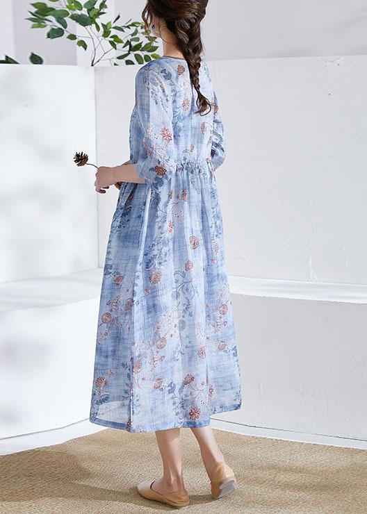 Modern Blue Tie Waist Patchwork Print Summer Ramie Dress Half Sleeve