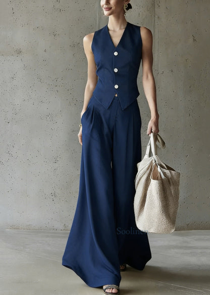Modern Blue V Neck Button Waistcoat and Wide Leg Pants Two Pieces Set Sleeveless