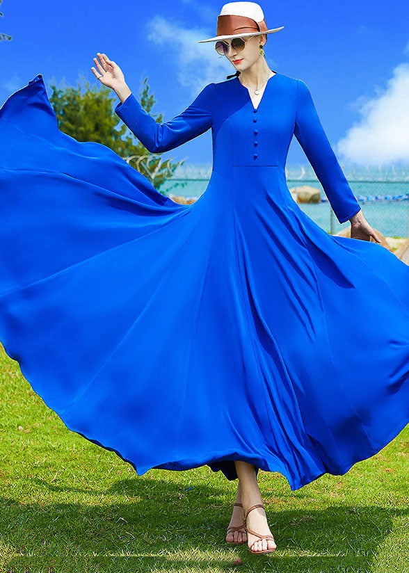 Modern Blue V Neck Exra Large Hem Chiffon a Line Dress Fall