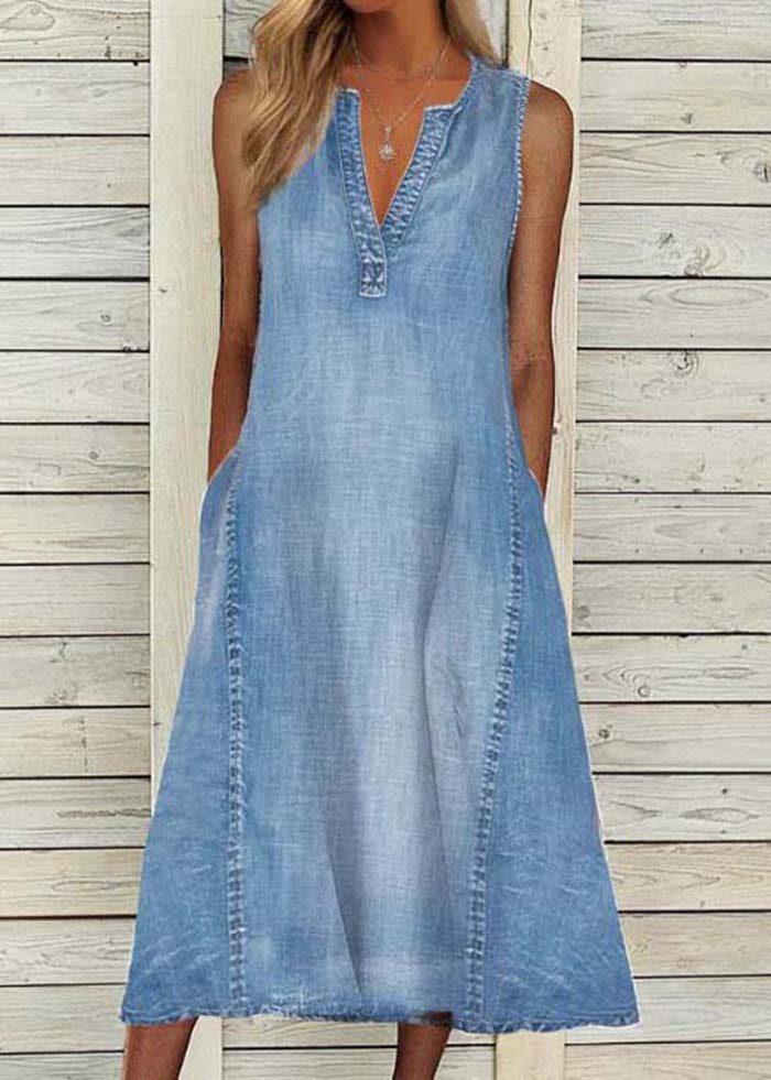 Modern Blue V Neck Washed Denim a Line Dress Sleeveless