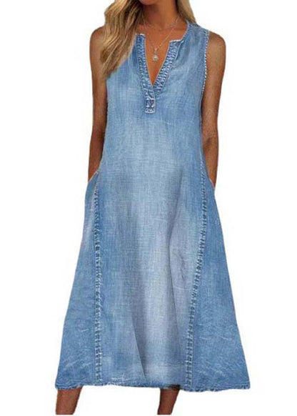 Modern Blue V Neck Washed Denim a Line Dress Sleeveless