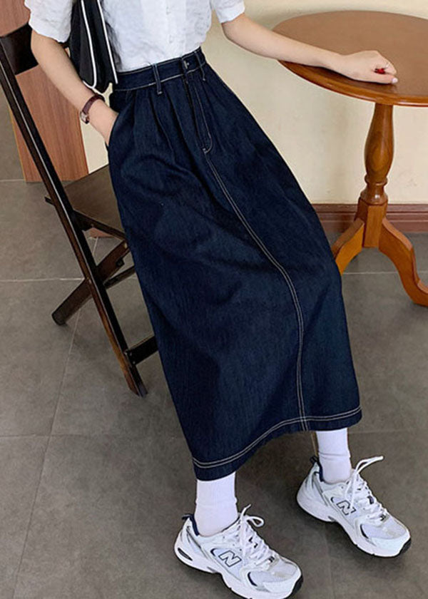 Modern Blue Zip Up Pocket Button Patchwork Cotton a Line Skirts Summer