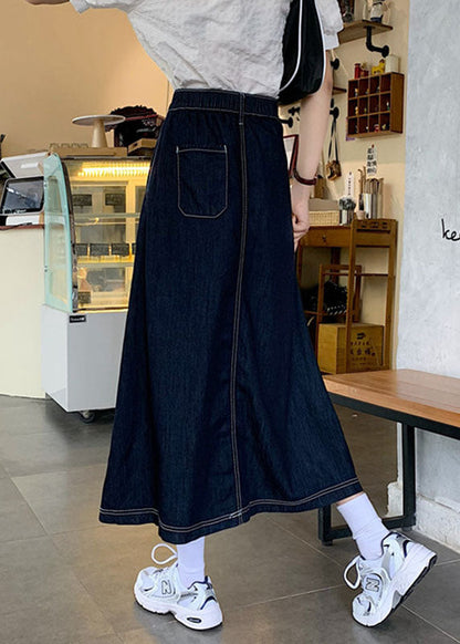 Modern Blue Zip Up Pocket Button Patchwork Cotton a Line Skirts Summer